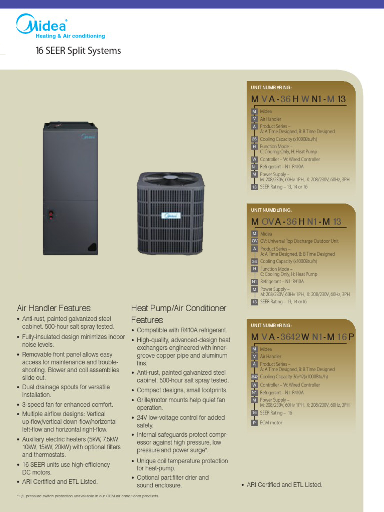 3 Ton Midea 16 SEER Central System MOVA36CN1M16, MVA3642WN1-M16P